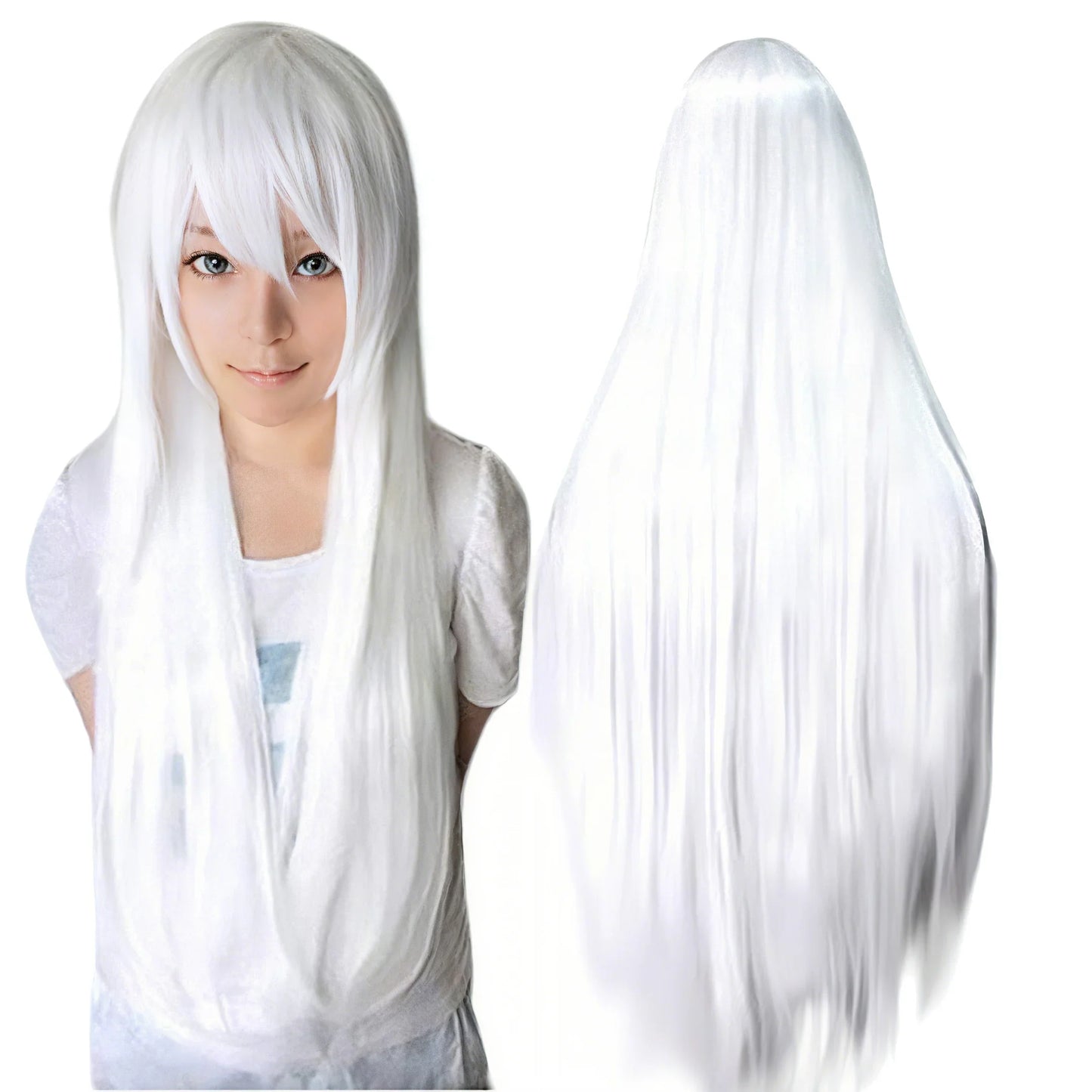 Silver White Long Synthetic Wig – Anime Cosplay with Bangs