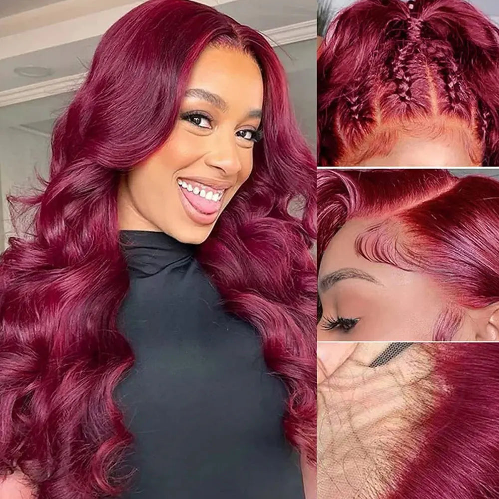 250% Density 34” Burgundy Body Wave Wig – 13x6 HD Lace, Brazilian Human Hair