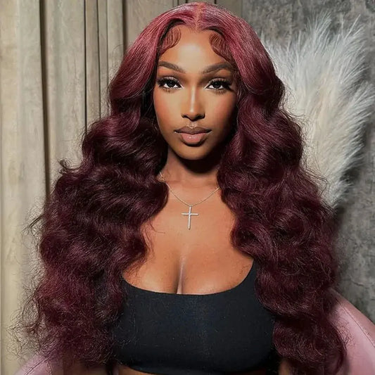 250% Density 34” Burgundy Body Wave Wig – 13x6 HD Lace, Brazilian Human Hair