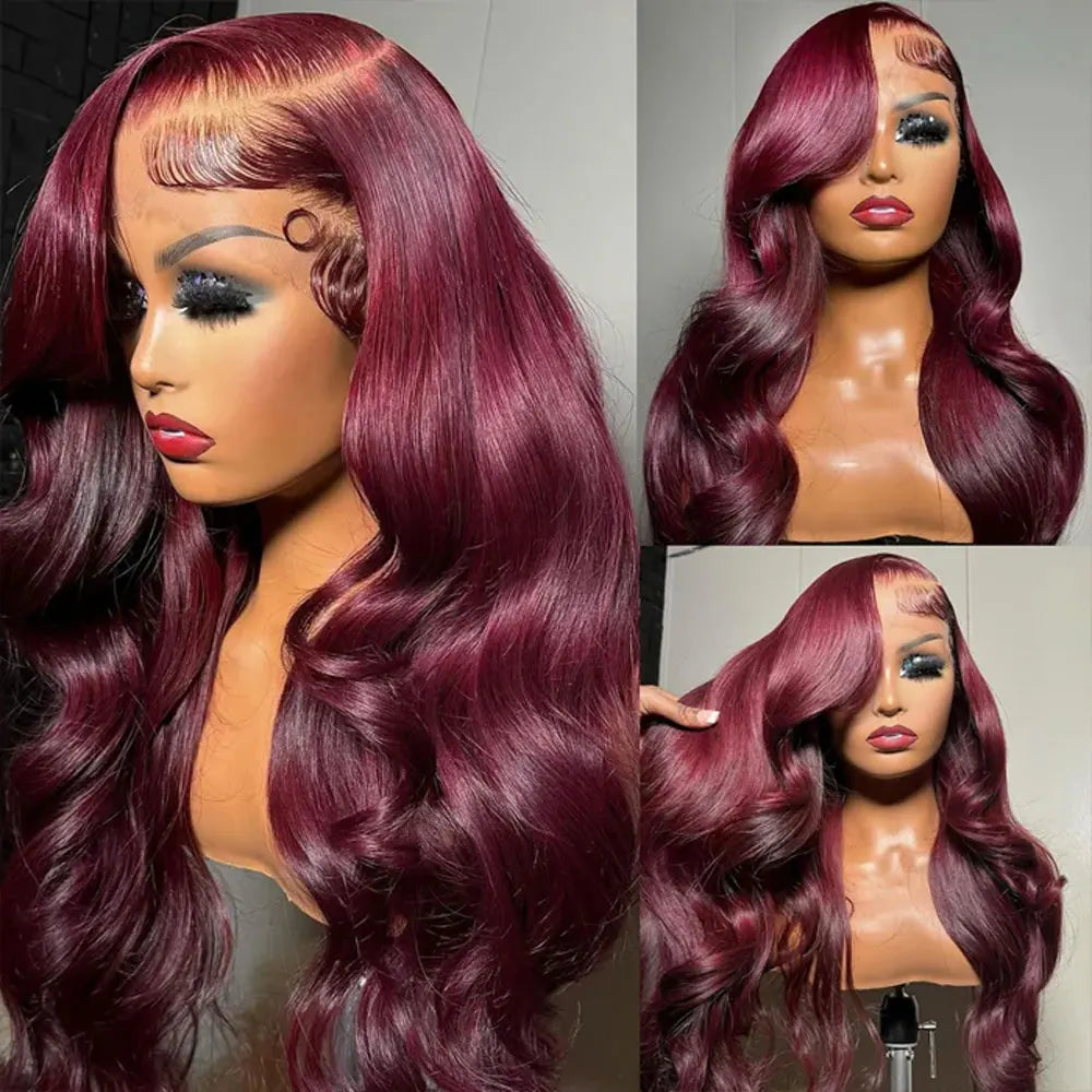250% Density 34” Burgundy Body Wave Wig – 13x6 HD Lace, Brazilian Human Hair
