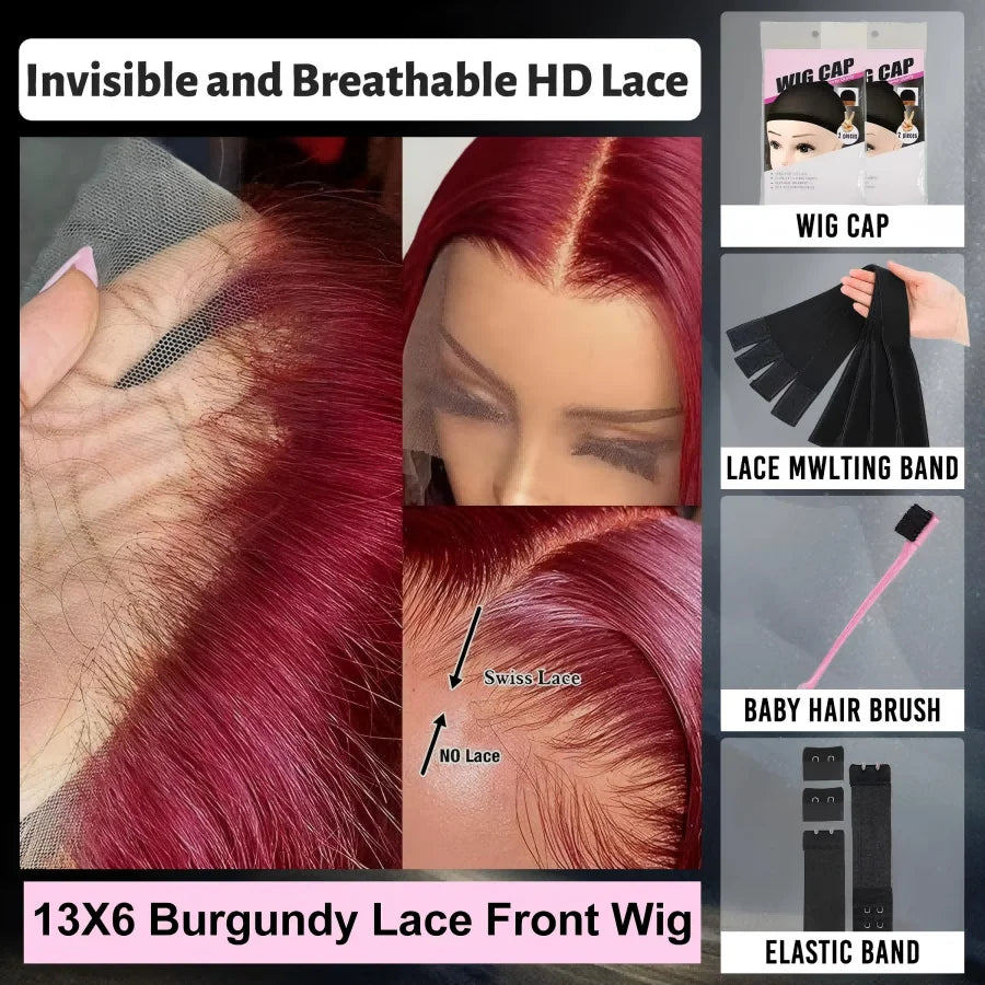 250% Density 34” Burgundy Body Wave Wig – 13x6 HD Lace, Brazilian Human Hair