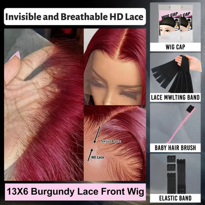 250% Density 34” Burgundy Body Wave Wig – 13x6 HD Lace, Brazilian Human Hair