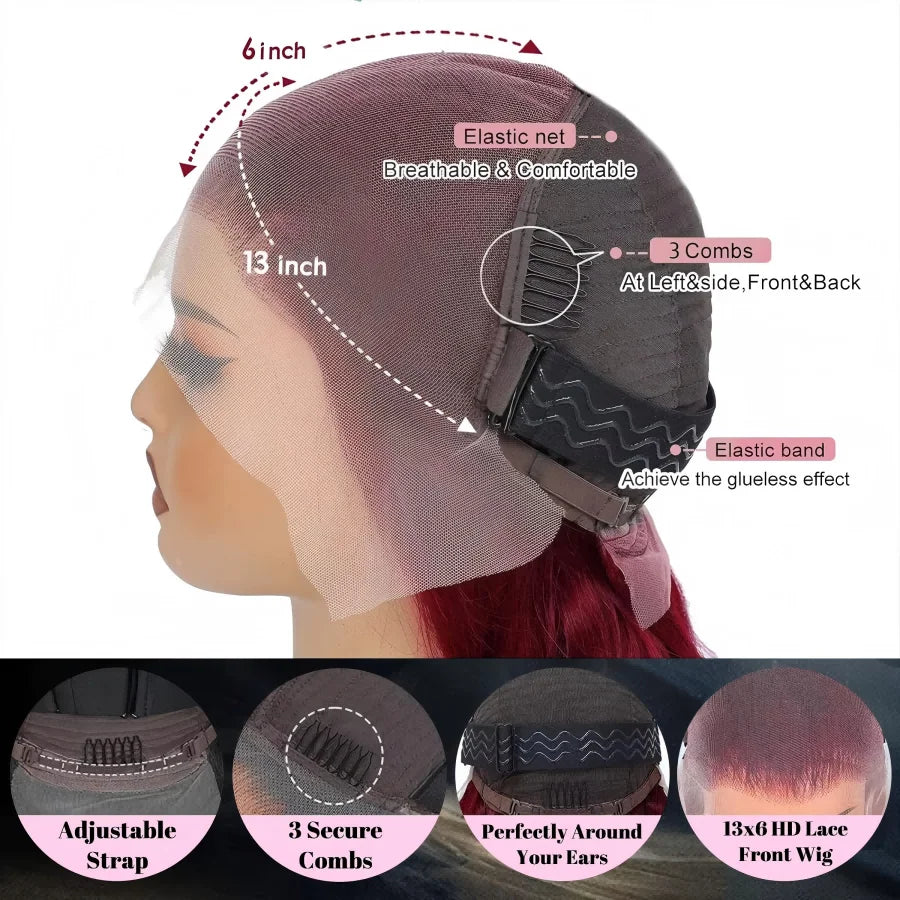 250% Density 34” Burgundy Body Wave Wig – 13x6 HD Lace, Brazilian Human Hair