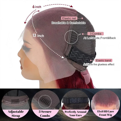 250% Density 34” Burgundy Body Wave Wig – 13x6 HD Lace, Brazilian Human Hair