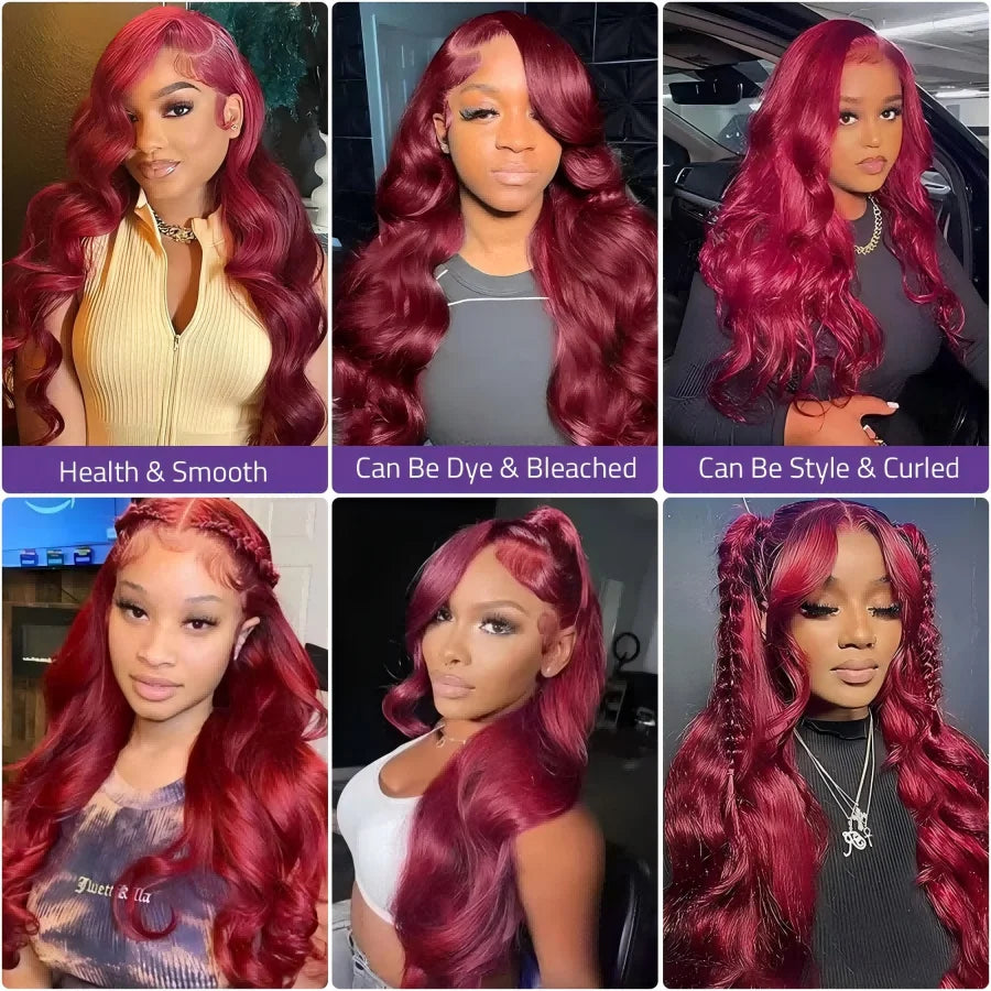 250% Density 34” Burgundy Body Wave Wig – 13x6 HD Lace, Brazilian Human Hair