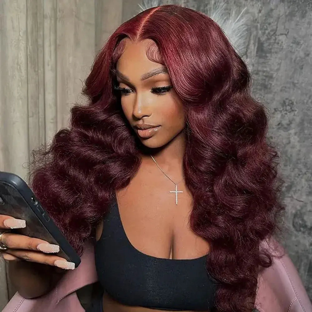 250% Density 34” Burgundy Body Wave Wig – 13x6 HD Lace, Brazilian Human Hair