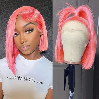 Pink Short Bob Wig – 13x4 Lace, 180% Human Hair