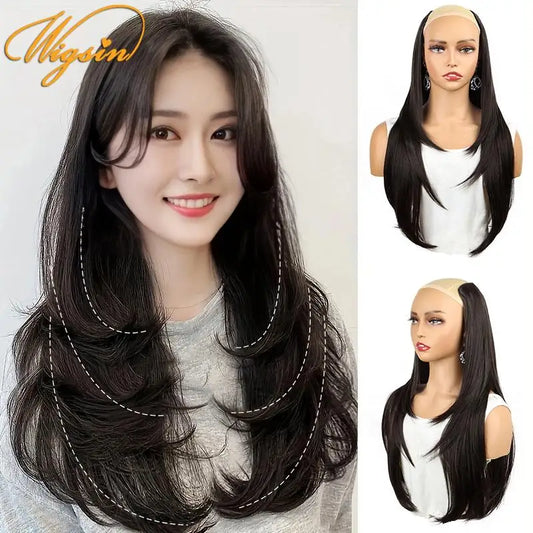 WIGSIN 22” V-Shaped Layered Clip-In Wig – Long Straight Synthetic Hair