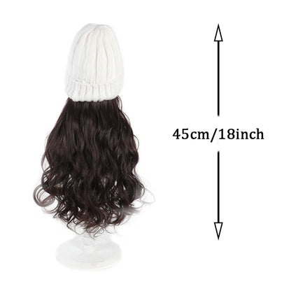 Fashionable Knitted Hat Wig – Long Curly Synthetic Hair for Women