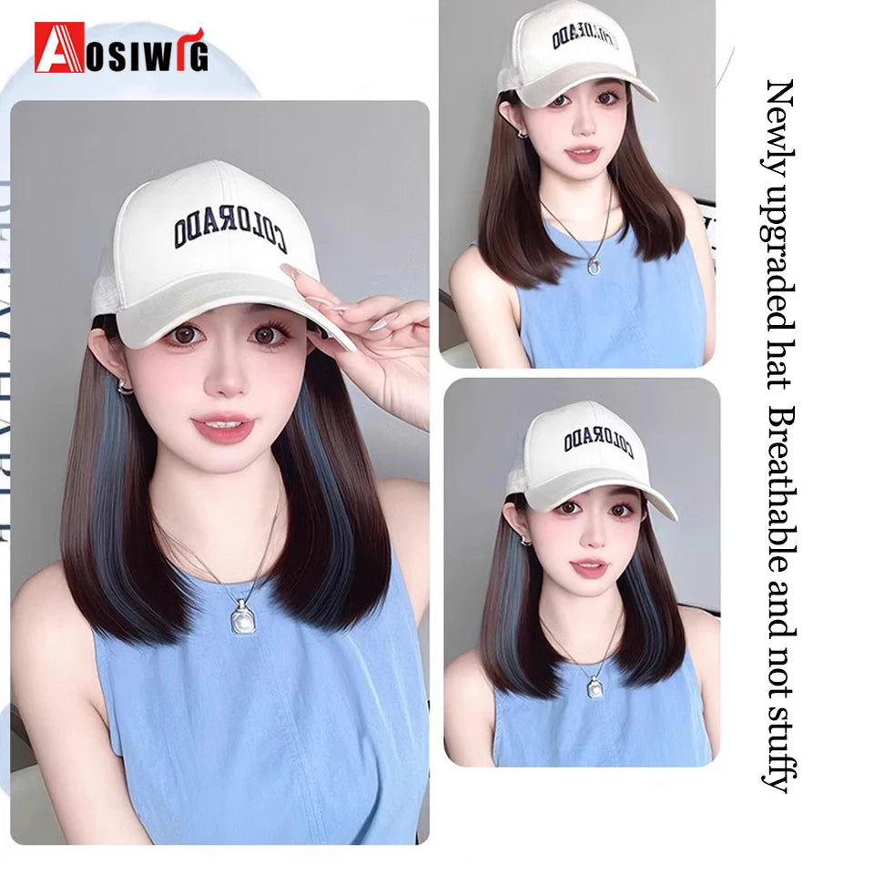Synthetic Long Straight Cap Wig – Black with Blue & Off-White Highlights