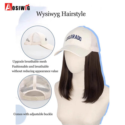 Synthetic Long Straight Cap Wig – Black with Blue & Off-White Highlights