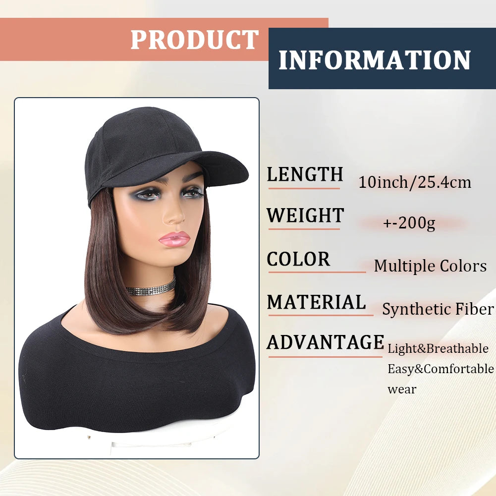 Baseball Cap Wig – 10” Short Straight Synthetic Hair, Heat Resistant