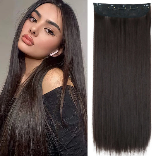 Long Straight Clip-In Hair Extension – 5 Clips, Heat-Resistant Synthetic Hair