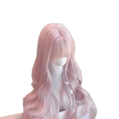 Pink Wavy Synthetic Wig with Bangs – Long Curly Heat-Resistant Hair