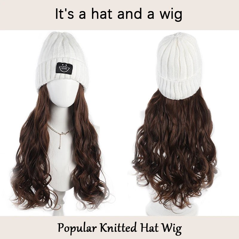 Fashionable Knitted Hat Wig – Long Curly Synthetic Hair for Women