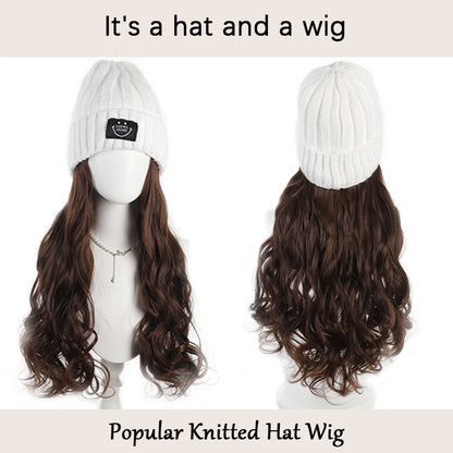 Fashionable Knitted Hat Wig – Long Curly Synthetic Hair for Women
