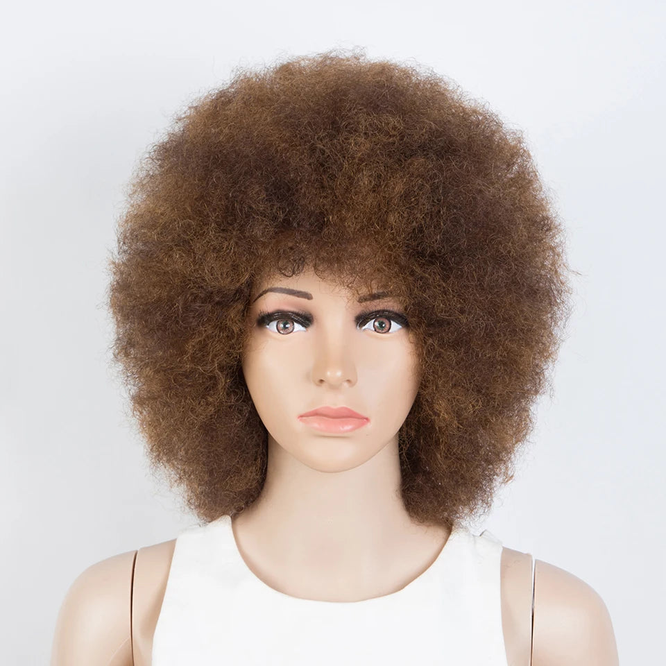 QVR Short Afro Kinky Curly Wig with Bangs – 180% Human Hair