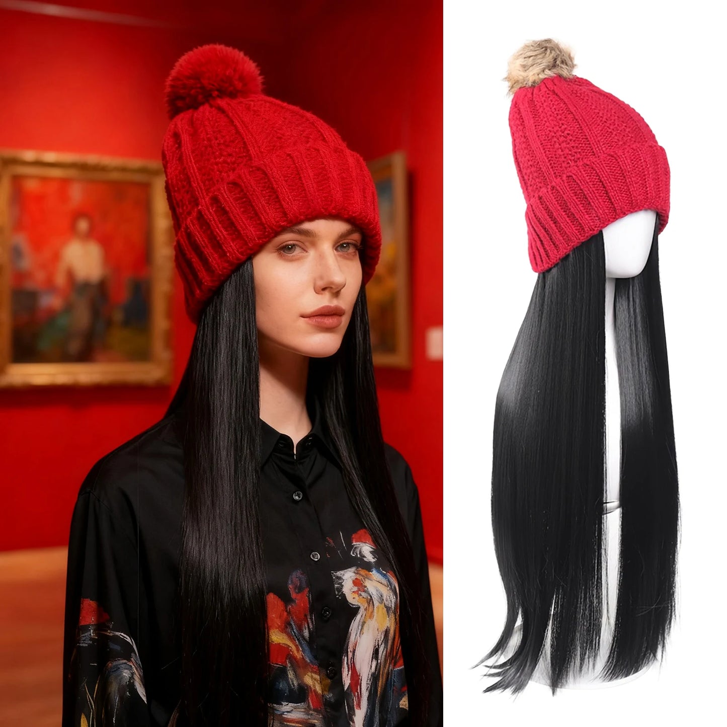Women’s Winter Knit Hat Wig – Long Straight Black Synthetic Hair