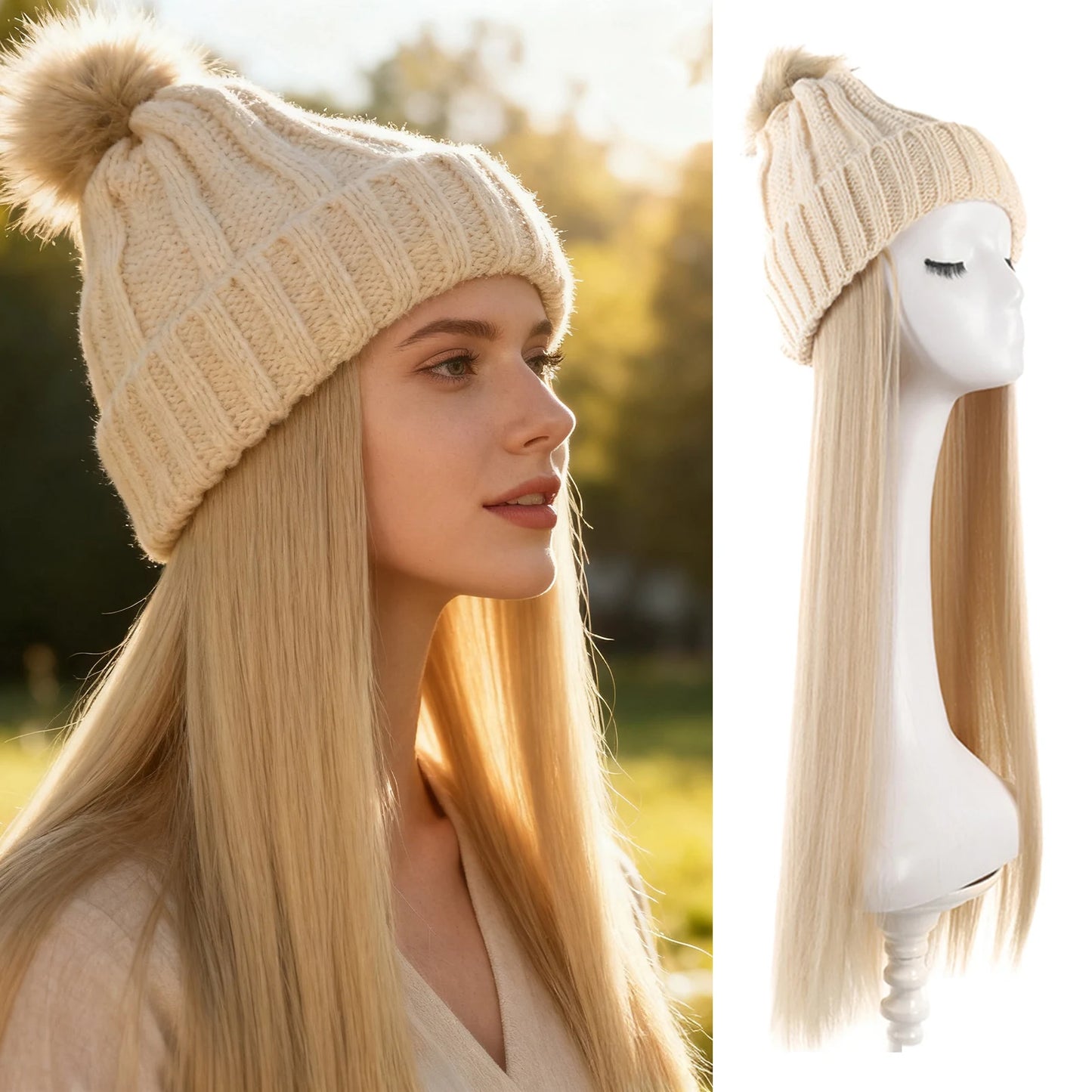 Women’s Winter Knit Hat Wig – Long Straight Black Synthetic Hair