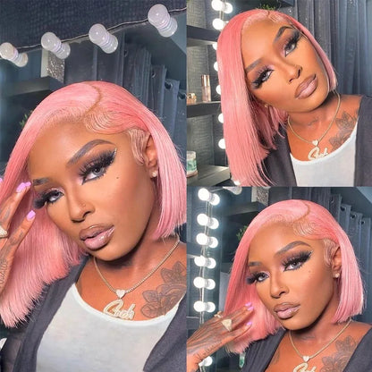 Pink Short Bob Wig – 13x4 Lace, 180% Human Hair
