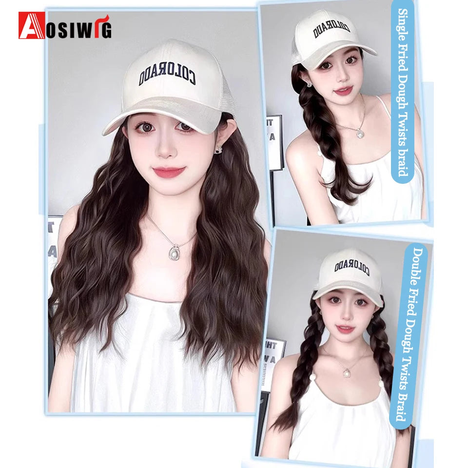 Synthetic Long Straight Cap Wig – Black with Blue & Off-White Highlights