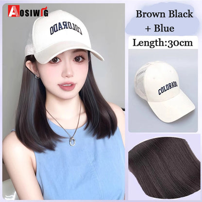 Synthetic Long Straight Cap Wig – Black with Blue & Off-White Highlights