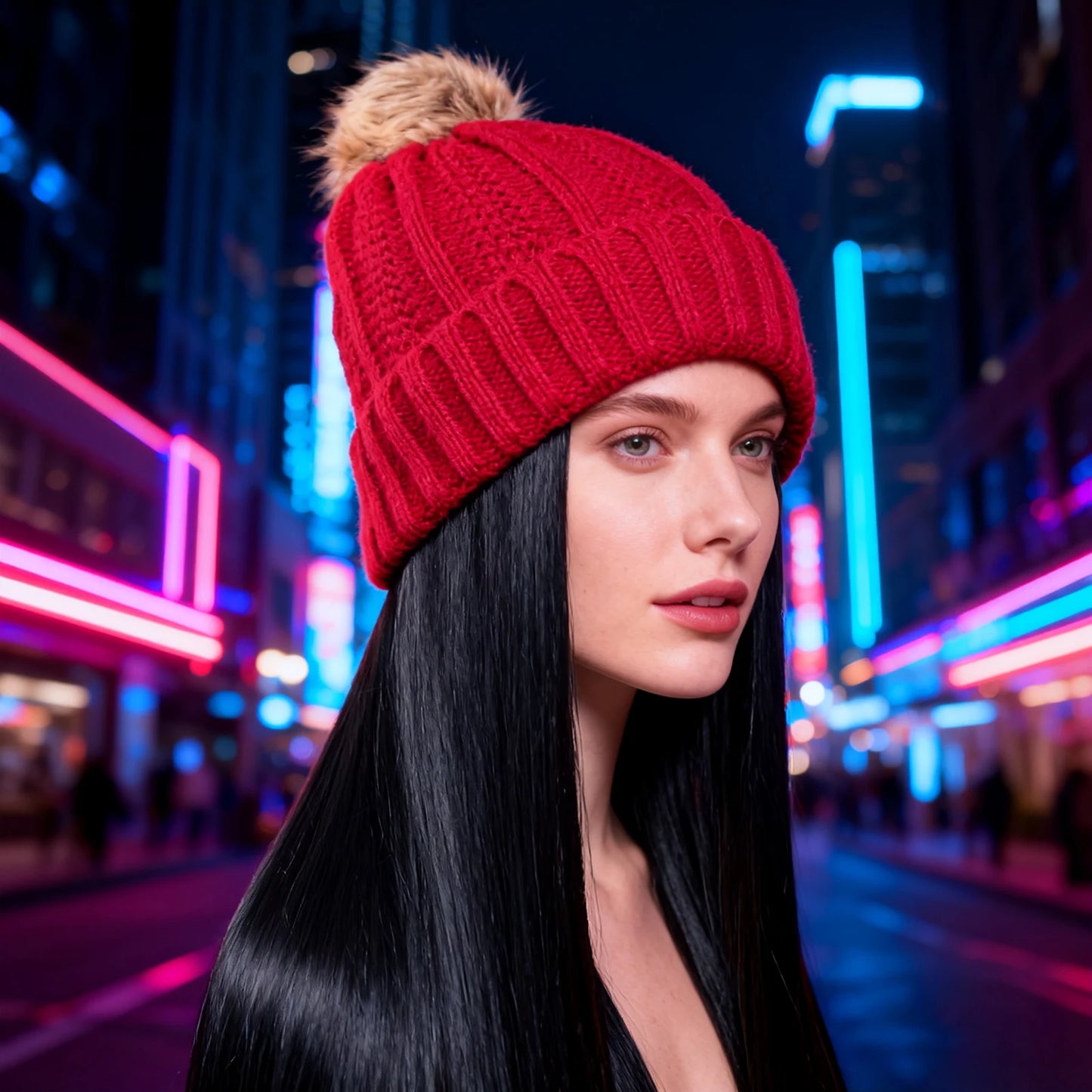 Women’s Winter Knit Hat Wig – Long Straight Black Synthetic Hair