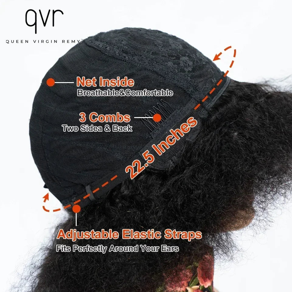 QVR Short Afro Kinky Curly Wig with Bangs – 180% Human Hair