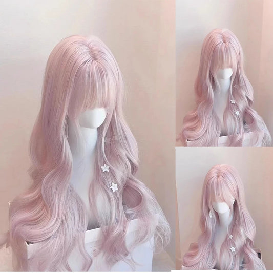 Pink Wavy Synthetic Wig with Bangs – Long Curly Heat-Resistant Hair