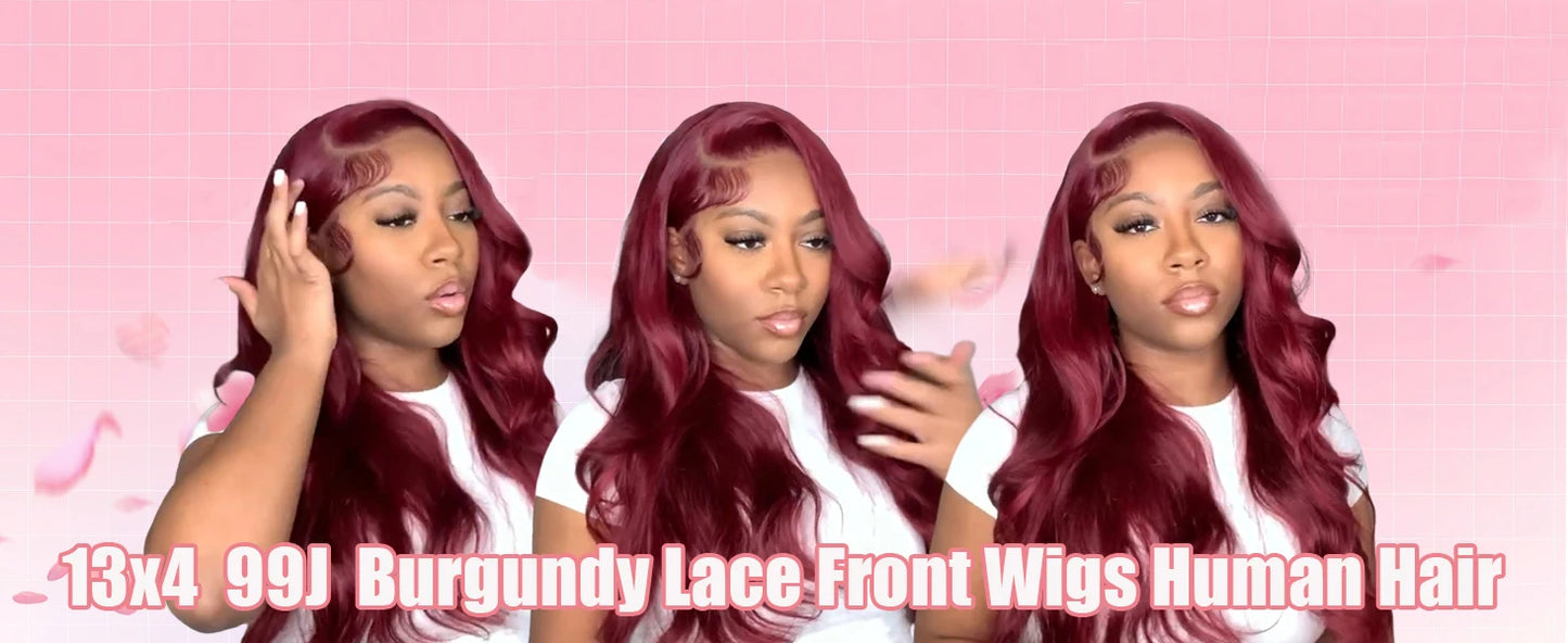 250% Density Burgundy Red Body Wave Wig – 13x4/13x6 HD Lace, Human Hair