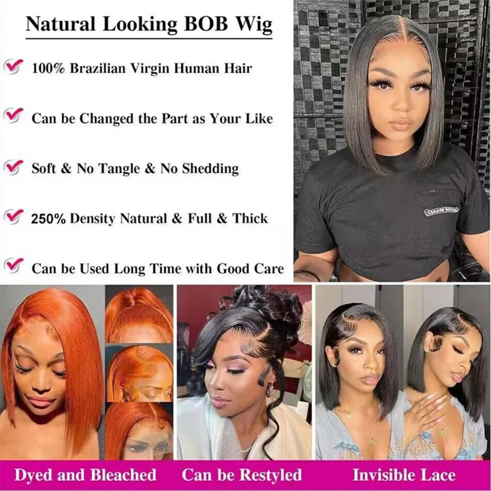 200% Density Short Bob Wig – Brazilian Remy Human Hair, 13x4 Lace