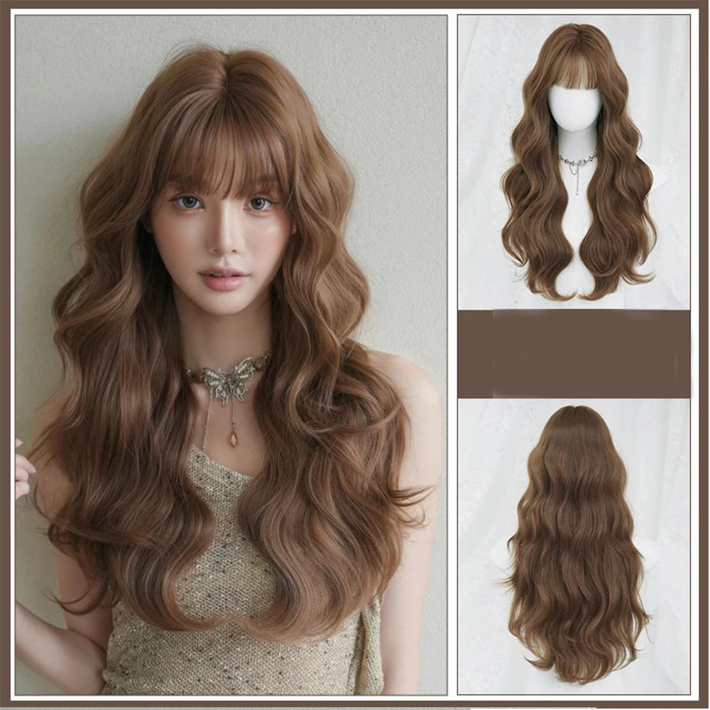 Pink Wavy Synthetic Wig with Bangs – Long Curly Heat-Resistant Hair