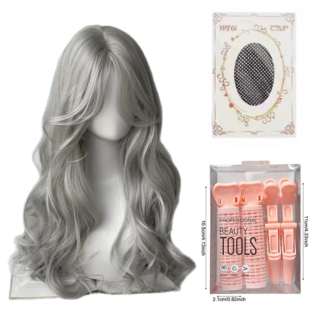 Pink Wavy Synthetic Wig with Bangs – Long Curly Heat-Resistant Hair