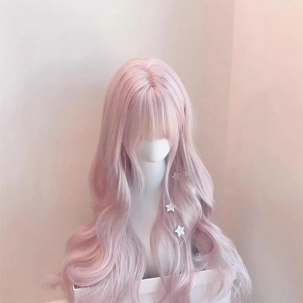 Pink Wavy Synthetic Wig with Bangs – Long Curly Heat-Resistant Hair