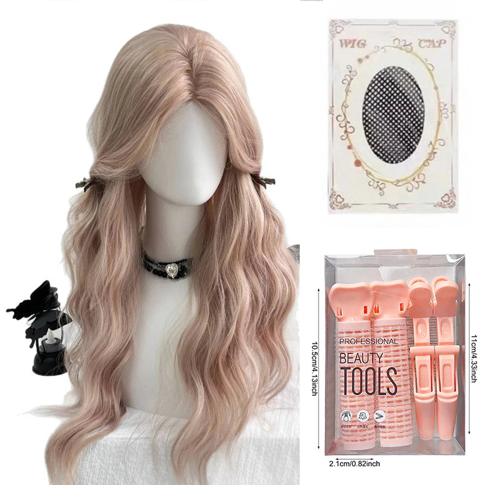 Pink Wavy Synthetic Wig with Bangs – Long Curly Heat-Resistant Hair