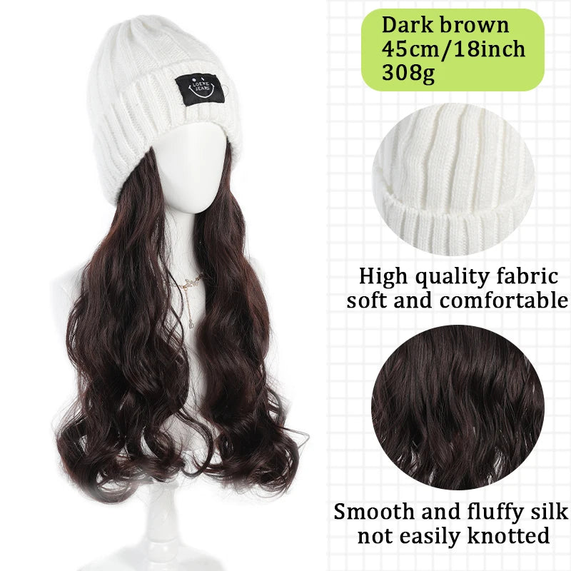 Fashionable Knitted Hat Wig – Long Curly Synthetic Hair for Women