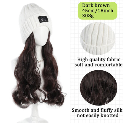 Fashionable Knitted Hat Wig – Long Curly Synthetic Hair for Women