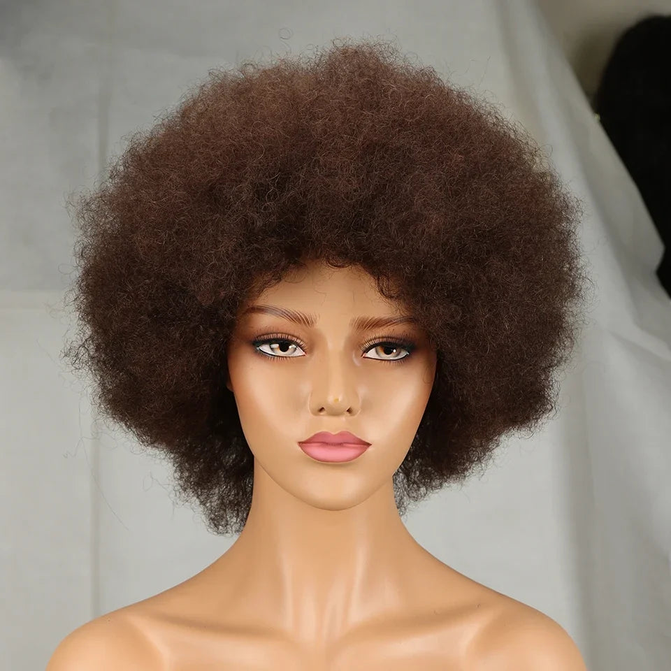 QVR Short Afro Kinky Curly Wig with Bangs – 180% Human Hair