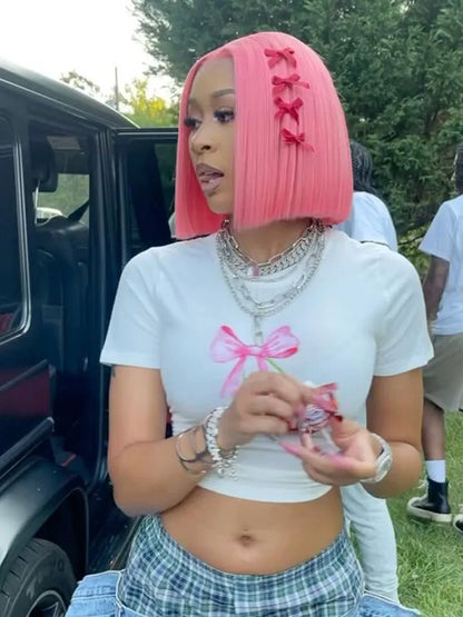 Pink Short Bob Wig – 13x4 Lace, 180% Human Hair