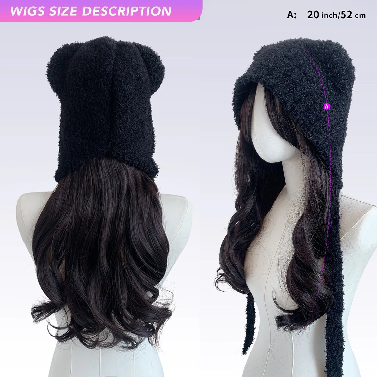 MEISU 20” Bear Hat Wig – Black Synthetic Hair, Heat-Resistant