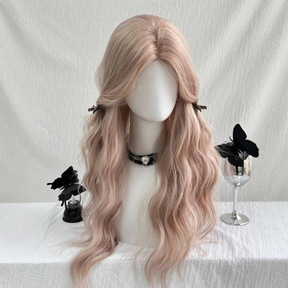 Pink Wavy Synthetic Wig with Bangs – Long Curly Heat-Resistant Hair
