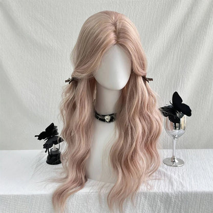 Pink Wavy Synthetic Wig with Bangs – Long Curly Heat-Resistant Hair