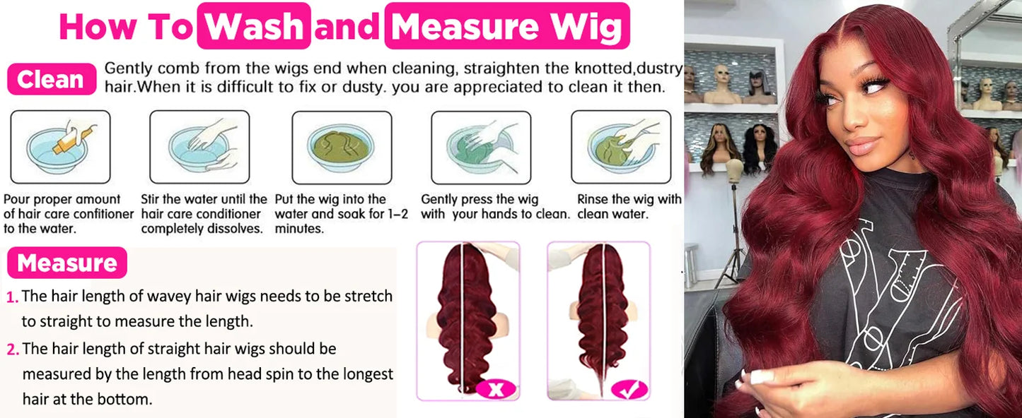250% Density Burgundy Red Body Wave Wig – 13x4/13x6 HD Lace, Human Hair
