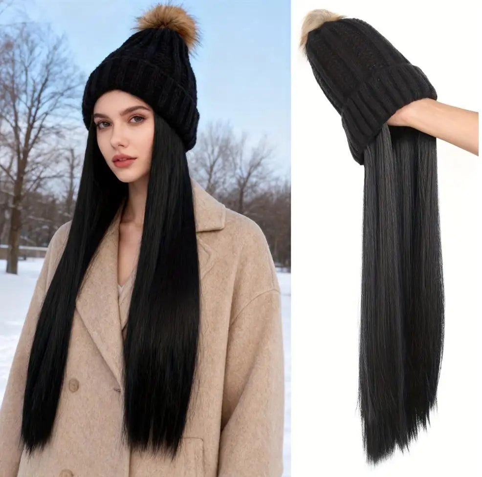 Women’s Winter Knit Hat Wig – Long Straight Black Synthetic Hair