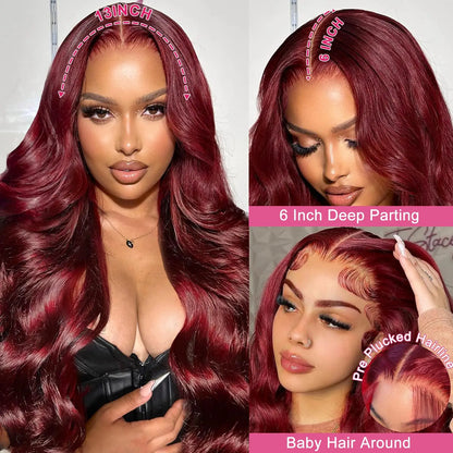 250% Density 34” Burgundy Body Wave Wig – 13x6 HD Lace, Brazilian Human Hair