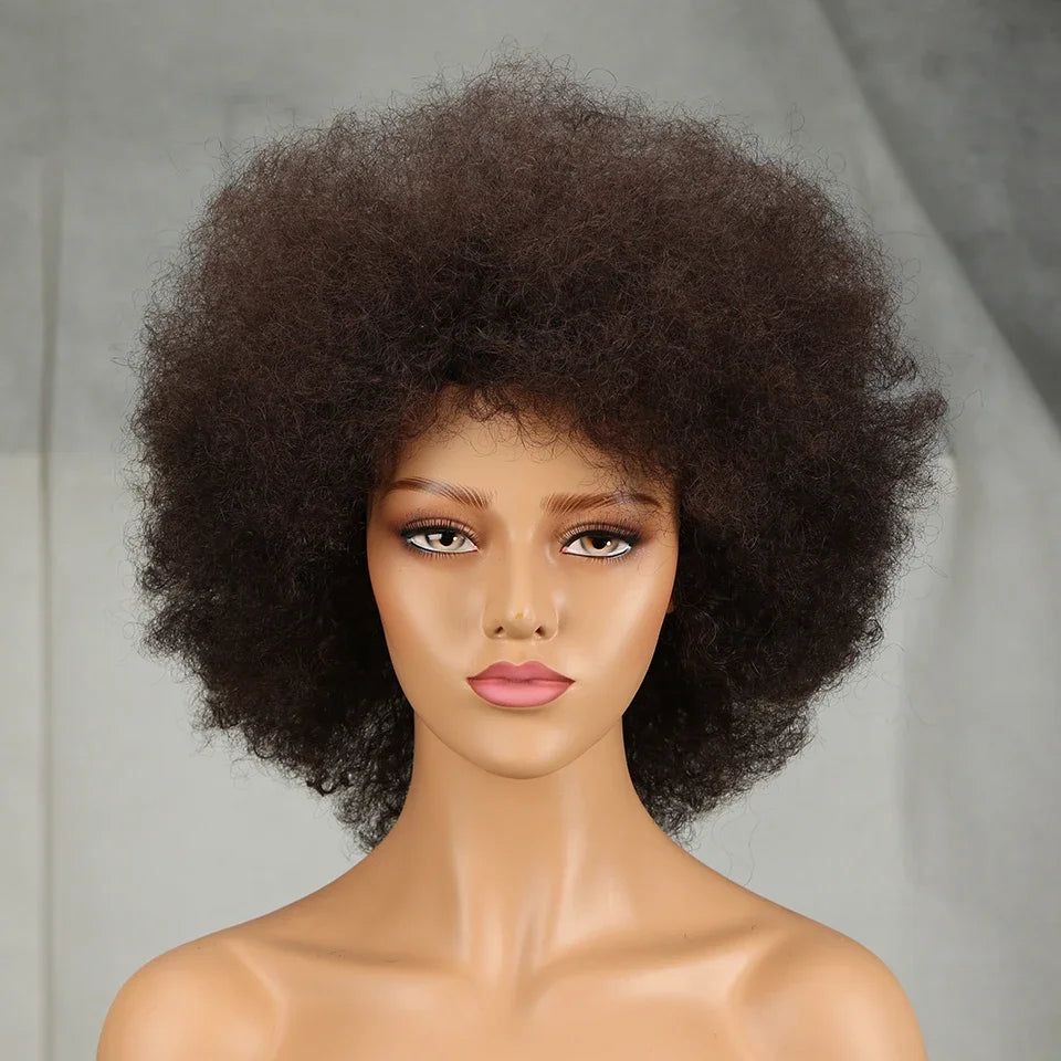QVR Short Afro Kinky Curly Wig with Bangs – 180% Human Hair