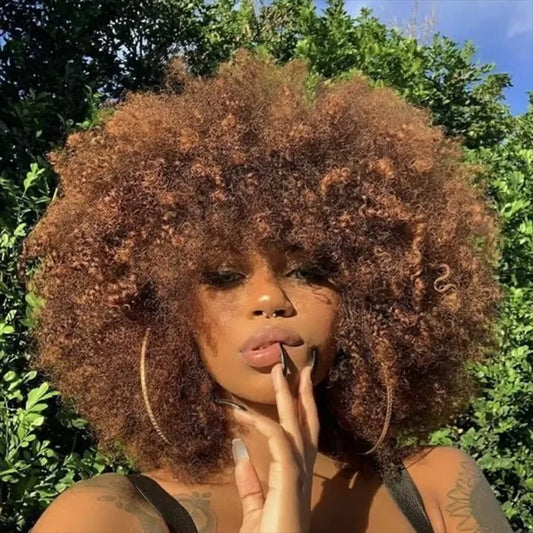 QVR Short Afro Kinky Curly Wig with Bangs – 180% Human Hair