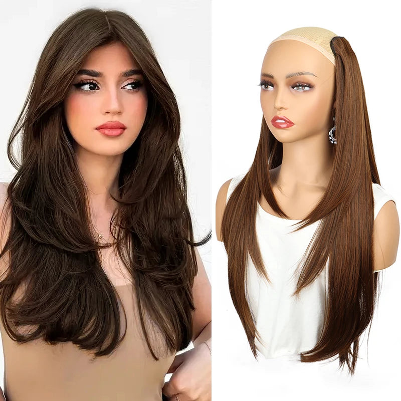 WIGSIN 22” V-Shaped Clip-In Wig – Long Straight Synthetic Black & Blonde Hair