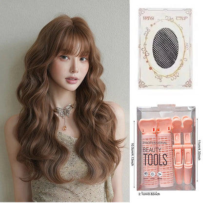 Pink Wavy Synthetic Wig with Bangs – Long Curly Heat-Resistant Hair