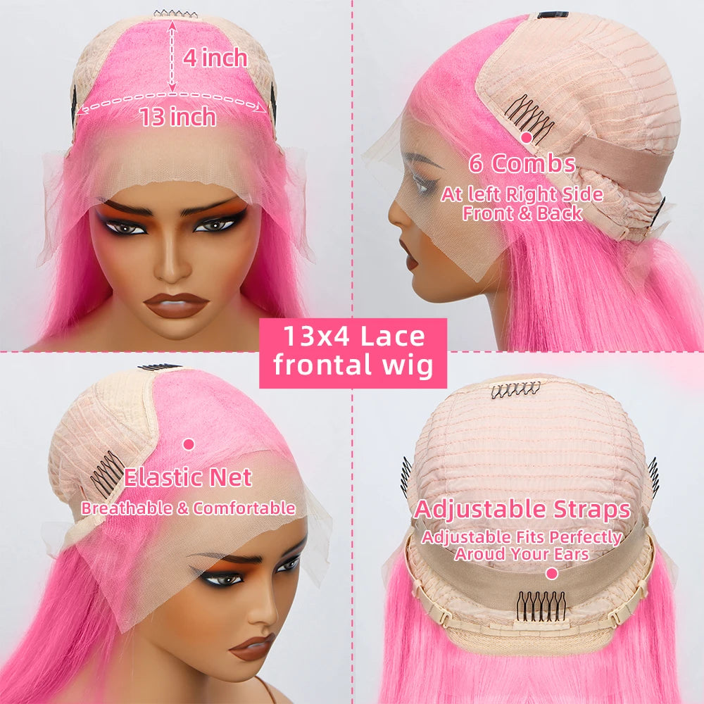 Pink Short Bob Wig – 13x4 Lace, 180% Human Hair